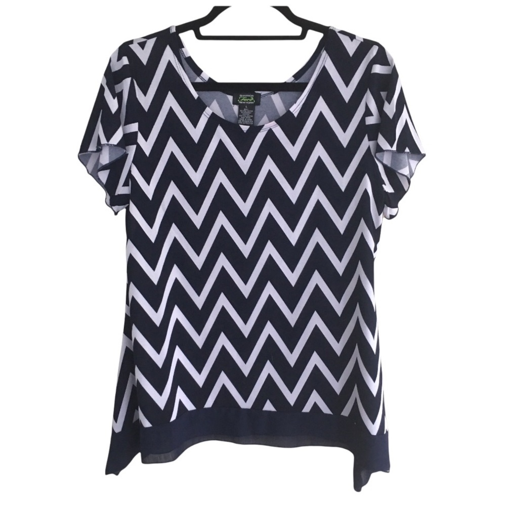 SHANNON FORD Navy & White Chevron Jersey Top